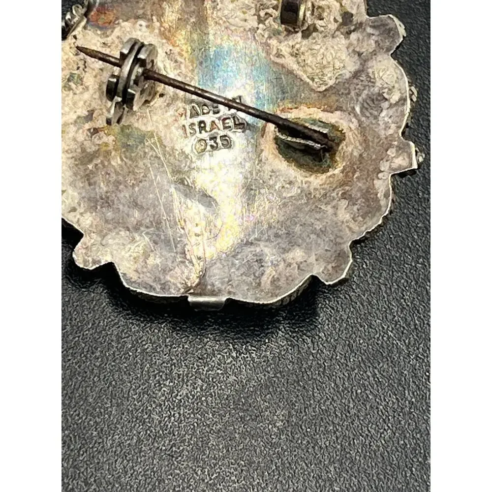 Israel Vintage 935 Argentium Sterling Filigree Turquoise Gemstone Brooch Pendant